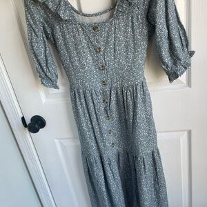 Floral Button-Down Reversible Linen Dress in Soft Blue-Gray